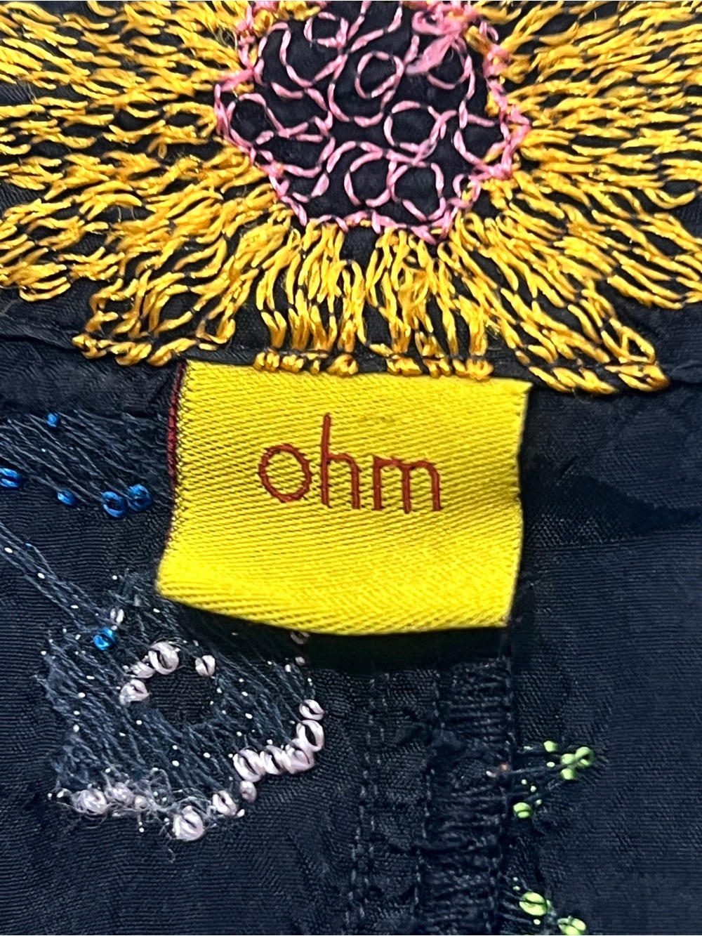 Ohm Hand Embroidered Floral Duster Coat Black Silk Lace Trim Boho Art Wear Rare - Picture 3 of 8